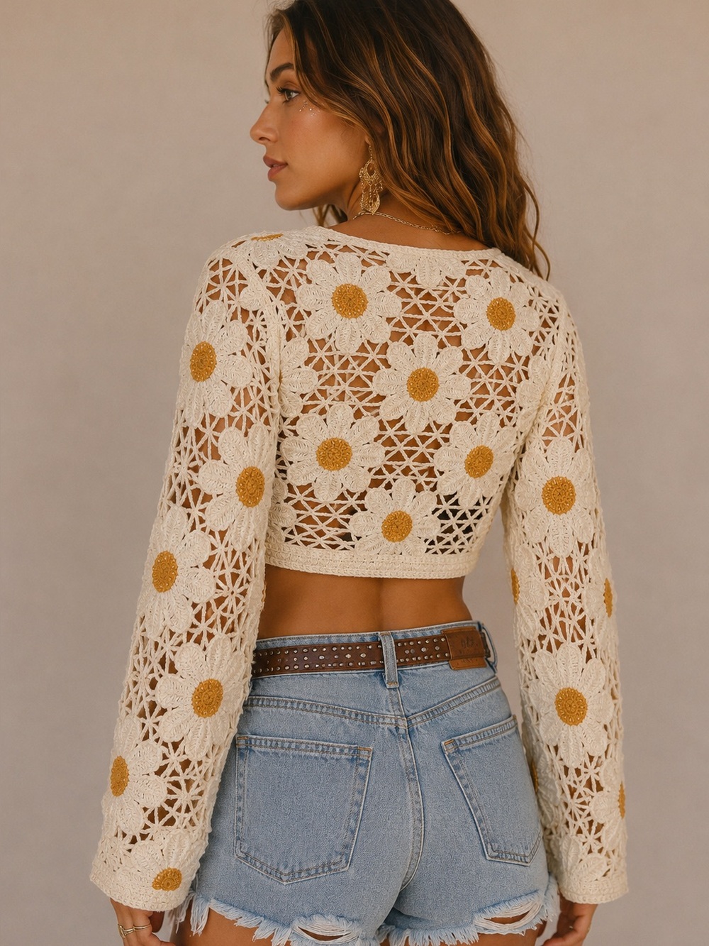 RARE Daisy Crochet Tie Front Crop Top Boho Festival Coachella Cardigan Sz XS - Picture 14 of 16